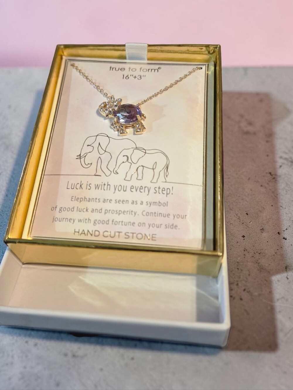 True To Form Hand Cut Stone Elephant Necklace, NIB